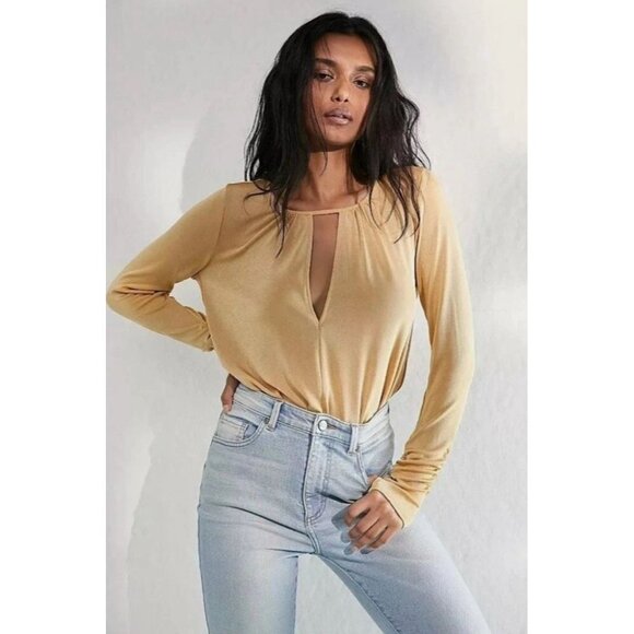INTIMATELY FREE PEOPLE Kaya Gold Metallic Knit Jersey Keyhole Bodysuit, Size S - Picture 1 of 15